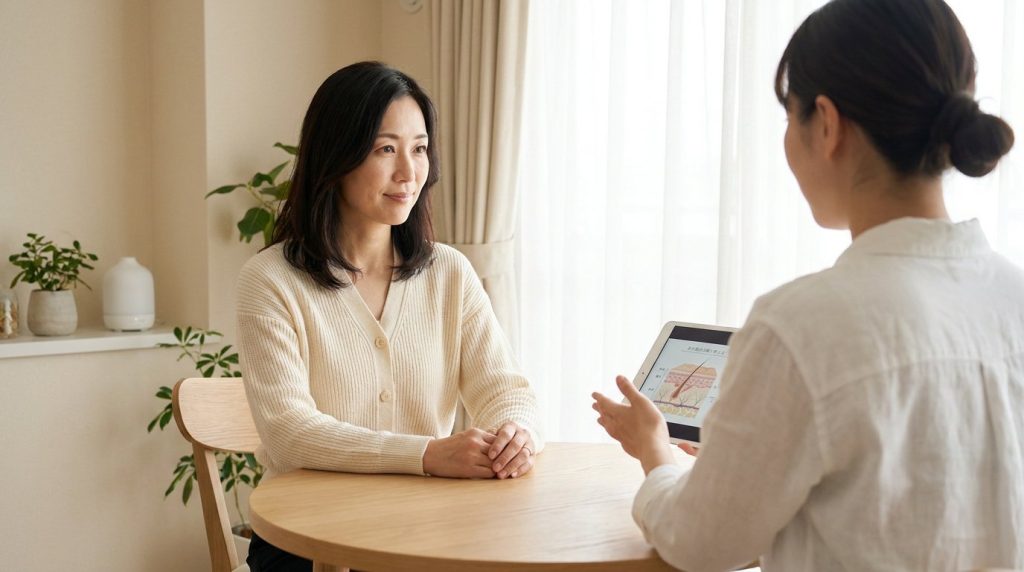 肌の相談をする40代の女性（イメージ）
