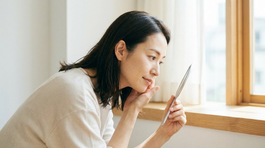 鏡で頬の毛穴を確かめる40代の女性(イメージ)